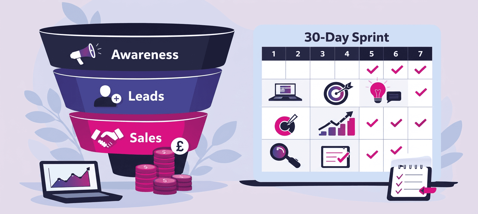 Simple full-funnel growth plan for 2026 showing awareness, leads, and sales with a 30-day marketing sprint framework